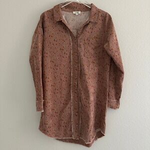Umgee Shirt Dress Womens Small Pink Floral Corduroy Raw Hem Long Sleeve Shacket